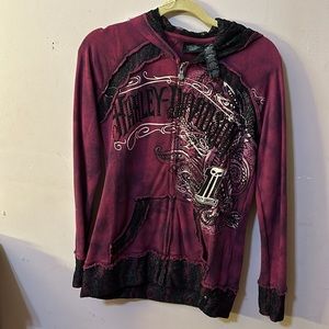 Burgundy and black, Harley Davidson zip up hoodie with black lace embellishments